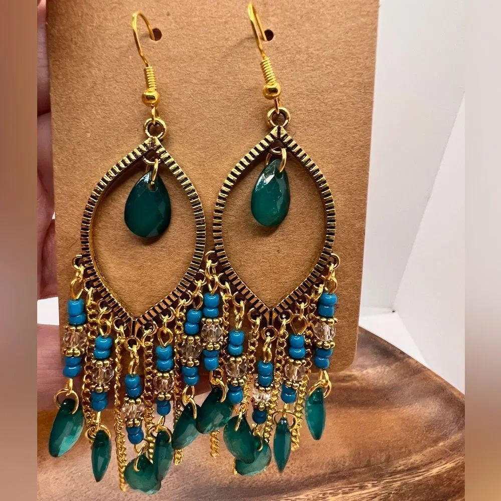 3/$25 Boho Style Teal Turquoise Gold Long Beaded Waterdrop Dangle Earrings - Picture 4 of 4